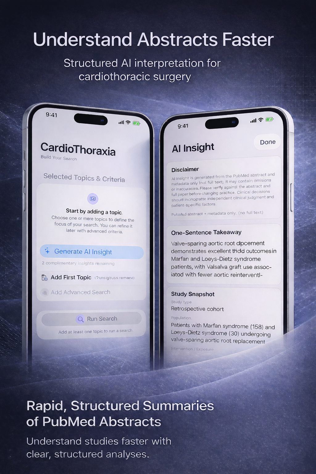 AI Insight screen summarizing PubMed abstracts
