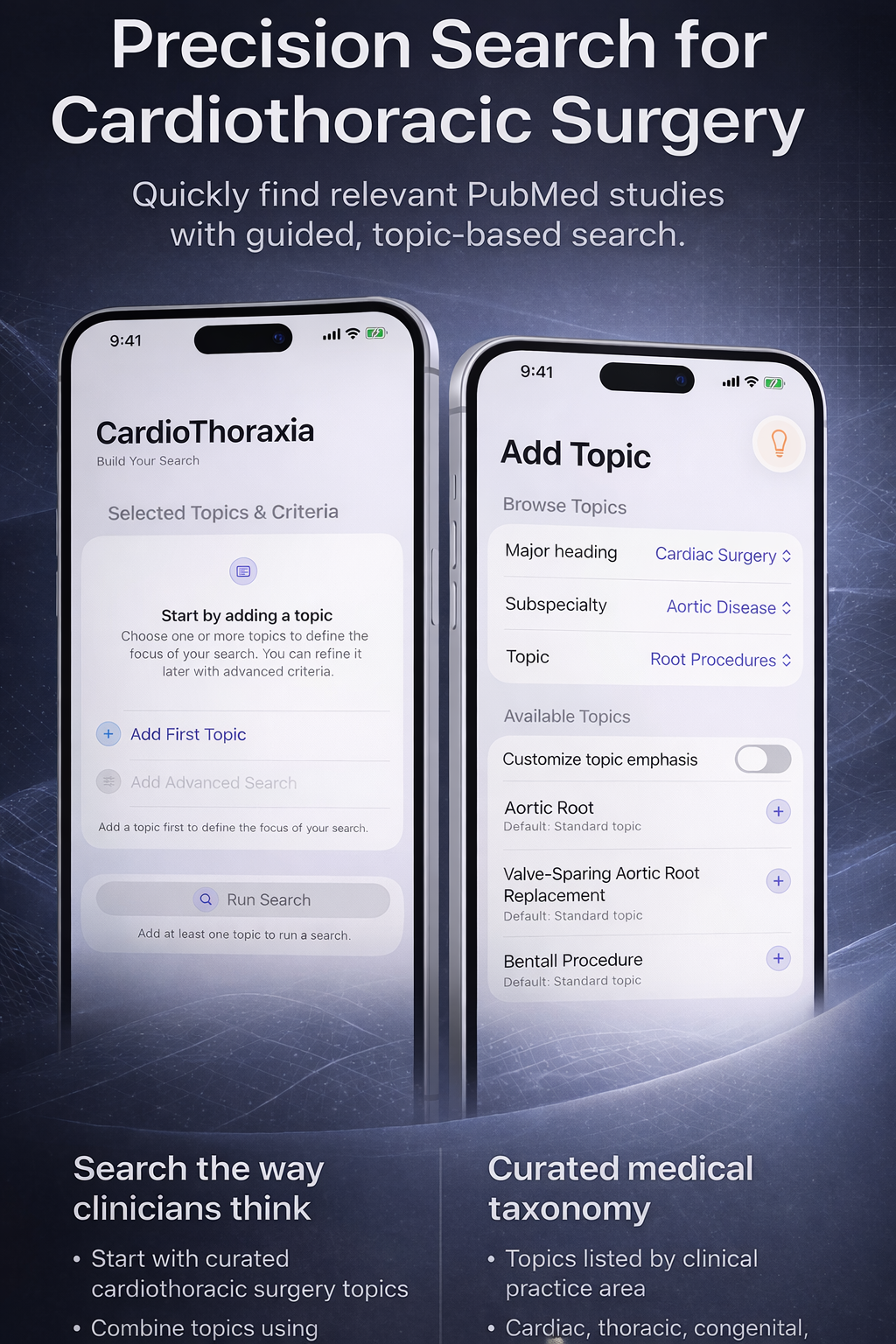 CardioThoraxia guided topic-based search screen